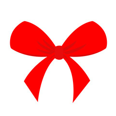 Big red ribbon Christmas bow icon. Decoration element for giftbox present. Satin ribbons. Greeting card. White background. Isolated. Flat design.