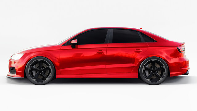Berlin. Germany. February 2, 2021. Audi S3. ultra sports tuned sedan on a white isolated background. 3d illustration.