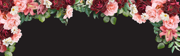 Floral banner, header with copy space. Tulip, pink and red roses isolated on dark background. Natural flowers wallpaper or greeting card.