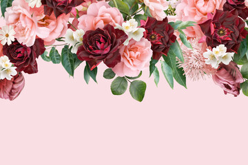 Obraz na płótnie Canvas Floral banner, header with copy space. Tulip, pink and red roses isolated on dark background. Natural flowers wallpaper or greeting card.