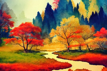 Watercolor autumn landscape for the background Autumn nature clipart illustrations of seasonal environment fall island with trees and bushes Isolated hand painted image of a forest patch of land