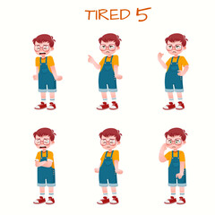 Set of kid boys showing tired expression.Vector illustration.