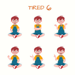 Set of kid boys showing tired expression.Vector illustration.