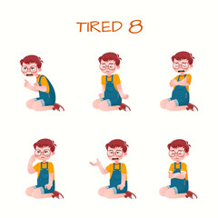 Set of kid boys showing tired expression.Vector illustration.