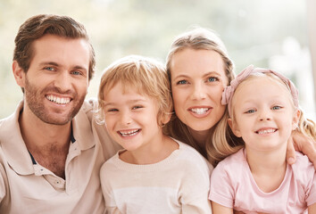 Fototapeta premium Family smile, home relax and parents with love for children in their house together. Face portrait of girl and boy sibling kids, mother and father with smile for calm, peace and happiness in Norway