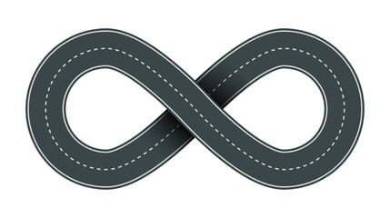 Vector illustration of infinity shaped road with white markings isolated on white background. Empty road infinity icon in top view. Endless road template.