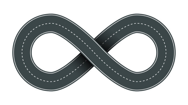Vector illustration of infinity shaped road with white markings isolated on white background. Empty road infinity icon in top view. Endless road template.
