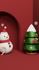 Fototapeta premium Christmas scene with snowman, pine tree, candy and sock.