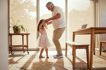 Grandfather, girl and dance holding hands in living room home. Love, smile and happy cute daughter...