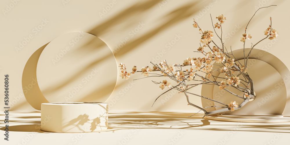 Poster 3d rendering  background podium. display stand . Abstract minimal scene with geometric forms with decorative flowers Skura . Japan style products display 