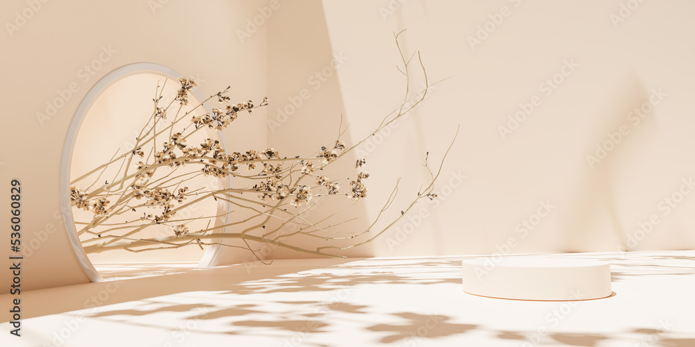 Poster 3d rendering  background podium. display stand . Abstract minimal scene with geometric forms with decorative flowers Skura . Japan style products display 
