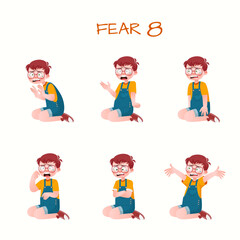 Set of kid boys showing fear expression.Vector illustration.