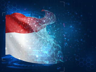 Indonesia, Monaco,  vector flag, virtual abstract 3D object from triangular polygons on a blue background