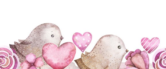 Cute seamless border with pink hearts, flowes and birds for Valentine's Day. Watercolor repeatable frame for holiday greetings © Liubov