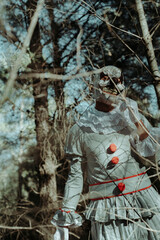 creepy evil clown stands in the woods