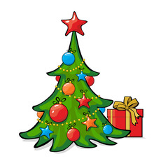 Christmas tree decorated star, balls and light bulb chain with gift boxe. Flat vector on transparent background.