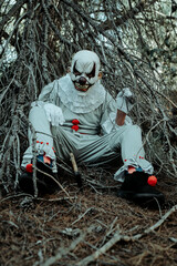 evil clown sitting in the woods at dusk