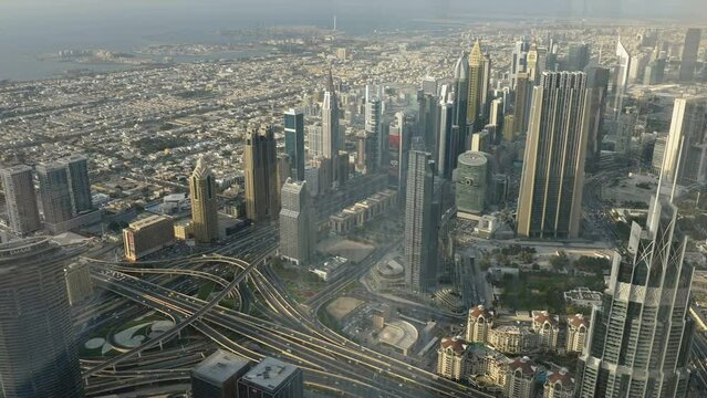 Aerial view of the skyscrapers and buildings in Dubai in downtown area