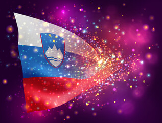 Slovenia, vector 3d flag on pink purple background with lighting and flares