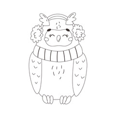 Vector outline winter owl dressed in scarf and earmuffs. Cute seasonal cartoon character of contour wild bird for new year and christmas party