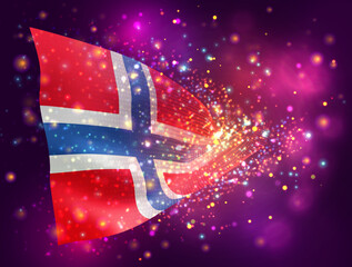 Norway, vector 3d flag on pink purple background with lighting and flares