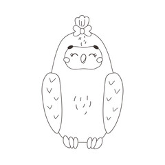 Vector outline illustration of owl with hairstyle and bow. Cute cartoon character of contour wild bird for children