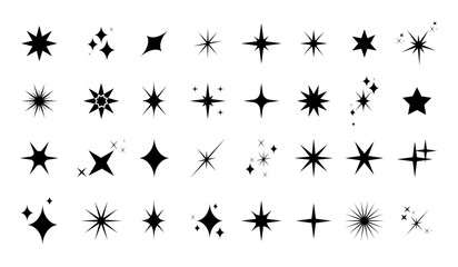 Set of sparkles star icons.Star icon.Bright firework.Light icon set.Flash,shine sparkle icon,glare,blink star.Black star icons isolated on white background
