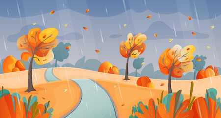 Fall windy and rainy weather in the city park cartoon vector illustration. Golden leaves flying from trees during the rain colorful concept. 