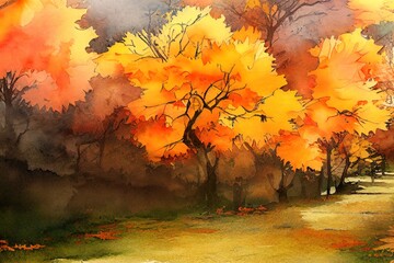Naklejka na ściany i meble Watercolor illustration of autumn landscape