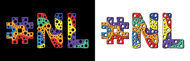Hashtag #NL. Multicolor bright funny cartoon colorful doodle bubble isolated text. Rainbow colors. Hashtag #NL is abbreviation for the Canadian Newfoundland and Labrador for print, social network, adv