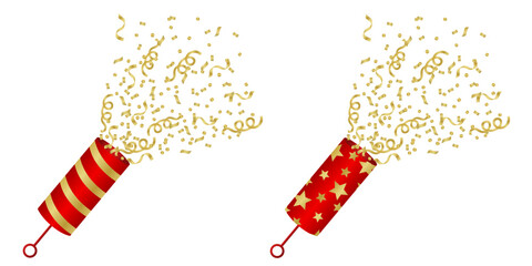 Red shooting slapstick with gold confetti and serpentines firework isolated on white. Party popper with stars and stripes in cartoon style. Vector element for holiday design, celebration concept.