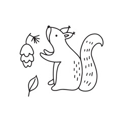 Cute squirrel in doodle style with the gifts of the forest on a white background. Vector illustration for kids with cartoon forest animal. Baby print with squirrel for baby clothes, postcard, poster