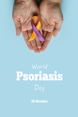 World Psoriasis Day. Woman's hands are holding a purple-orange ribbon on blue background. Treatment...