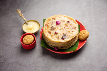 Sweet Khoya roti or Peda chapati paratha made using thickened cream milk or Khoa, khowa, mawa