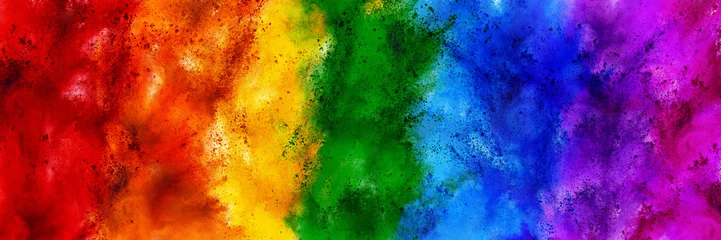 Deurstickers colorful rainbow holi paint color powder explosion wide panorama banner background. peace rgb beautiful party concept © stockphoto-graf