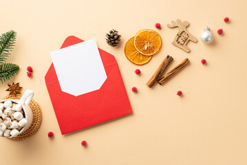 New Year concept. Top view photo of open red envelope with letter bauble ornaments mug of cocoa...