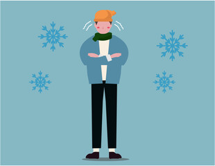 冬に寒がる男性。凍える、冷える、極寒。雪、コート、マフラー、ニット帽、人物。ベクターイラスト