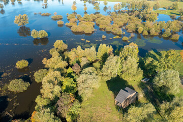 Aerial footage of an observation tower of the flooded floodplain of Lonjsko polje, Croatia