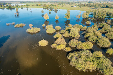 Aerial footage of flooded floodplain in Lonjsko polje, Croatia