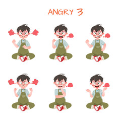 Set of kid boys showing angry expression.Vector illustration.