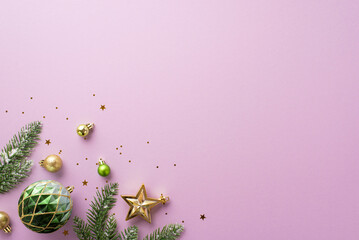 Christmas tree decorations concept. Top view photo of gold and green baubles balls star ornament confetti and fir branches in snow on isolated lilac background with empty space