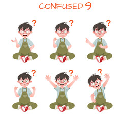 Set of kid boys showing confused expression.Vector illustration.