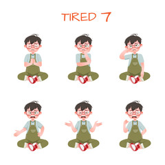 Set of kid boys showing tired expression.Vector illustration.