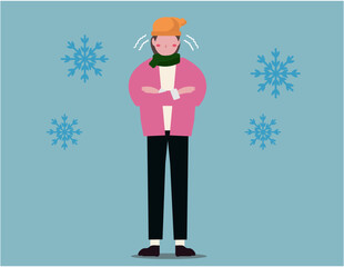 冬に寒がる女性。凍える、冷える、極寒。雪、コート、マフラー、ニット帽、人物。ベクターイラスト