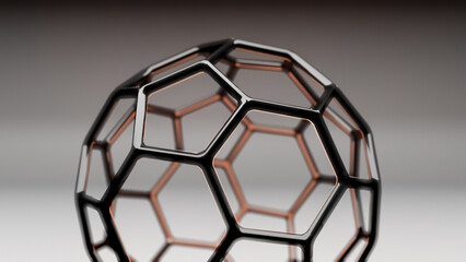 Buckminsterfullerene C60 Molecule model, allotrope of fullerene carbon atoms, round sphere with hexagonal rings or mesh, molecular 3D illustration