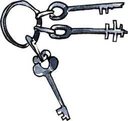 A bunch of keys on a ring. Watercolor illustration. PNG transparent background.