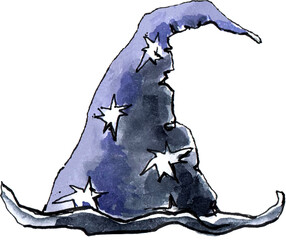 Magic hat, cap. Carnival clothes. Stargazer hat. Halloween. Hand drawn watercolor illustration PNG transparent background.