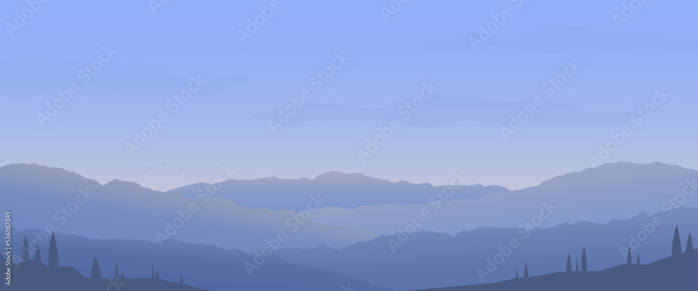 Wall mural blue mountain landscape vector with fog and tree background abstract. vector illustration. flat blue monochrome mountain hill panoramic scenery vector background