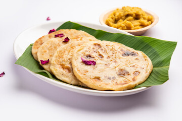 Puran poli, Puran roti, Holige, Obbattu, or Bobbattlu, is Indian sweet flatbread from Maharashtra