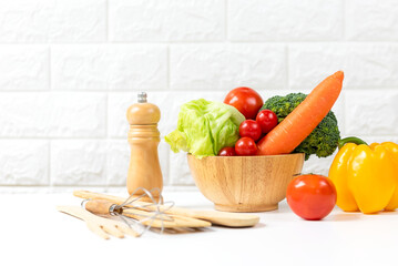 Healthy care for body slim.  Diet and healthy fresh vegetable for detox body slim fit for with kitchenware health lifestyle , white background. Weight Loss and Diet Concept